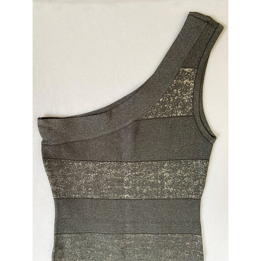 Vintage Bebe Dress Small Metallic Silver Bodycon One Shoulder - Picture 2 of 8